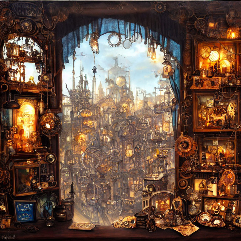 Steampunk-themed room with mechanical city view and vintage decor