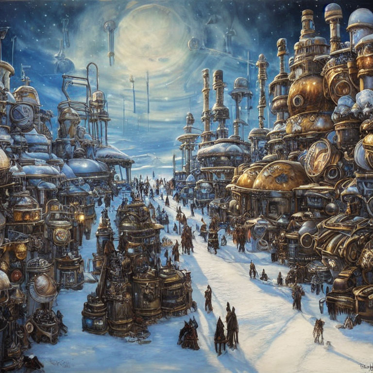 Steampunk cityscape with industrial structures, gears, and Victorian citizens in snowy streets