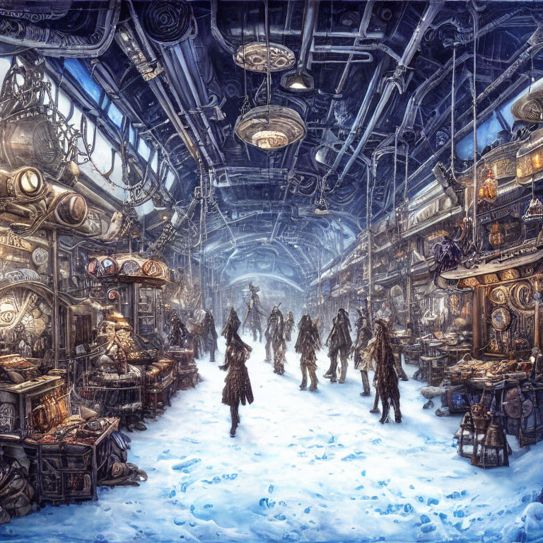 Snow-covered steampunk marketplace with vendors, machinery, and patrons in winter attire.