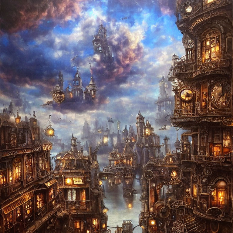 Fantasy steampunk cityscape with ornate buildings and airships at dusk