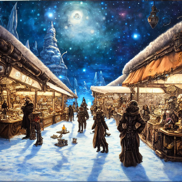 Winter Night Market Scene: Starry Sky, Moonlit Stalls, Snowy Roofs