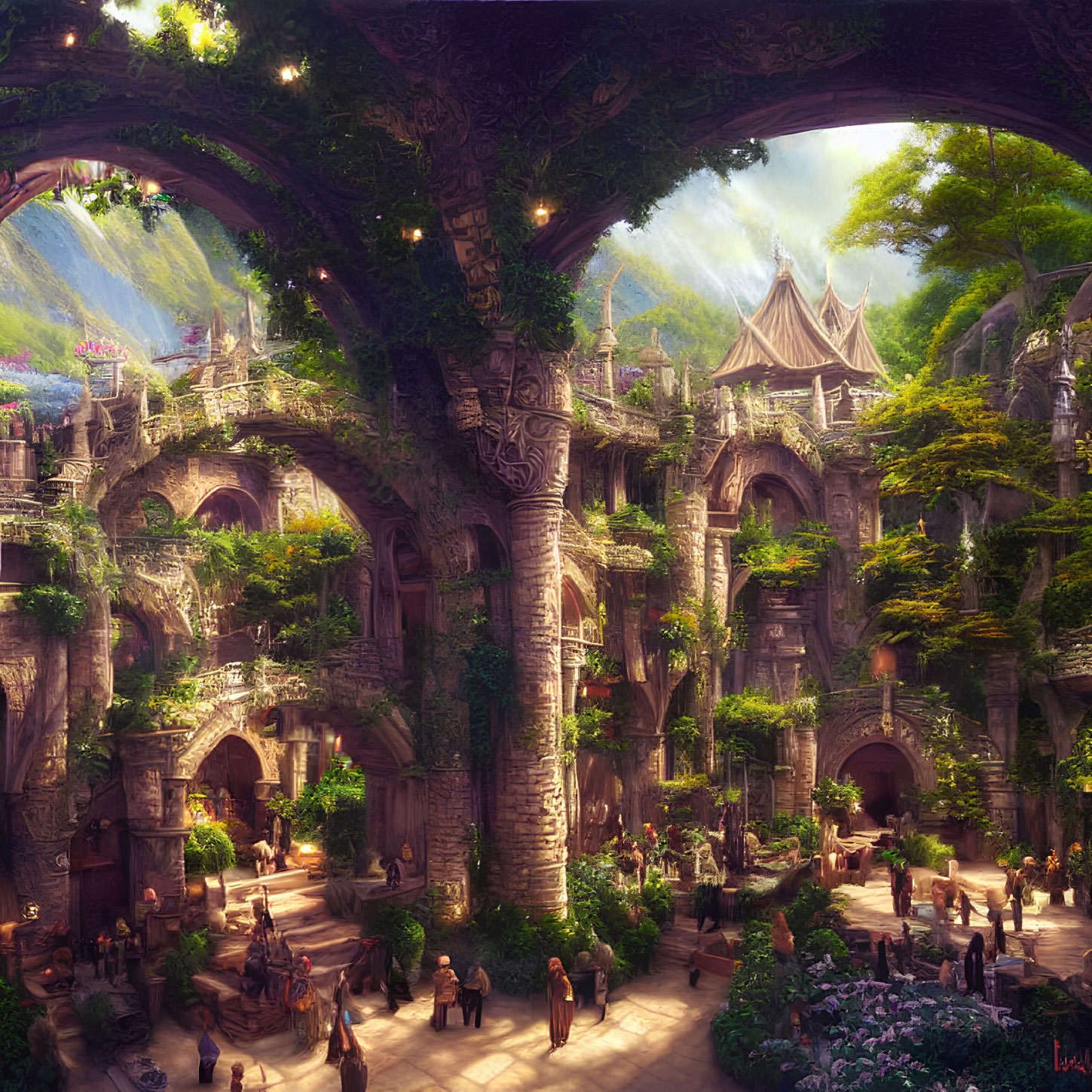 Sunlit forest scene with lush flora, grand arches, and serene courtyard.