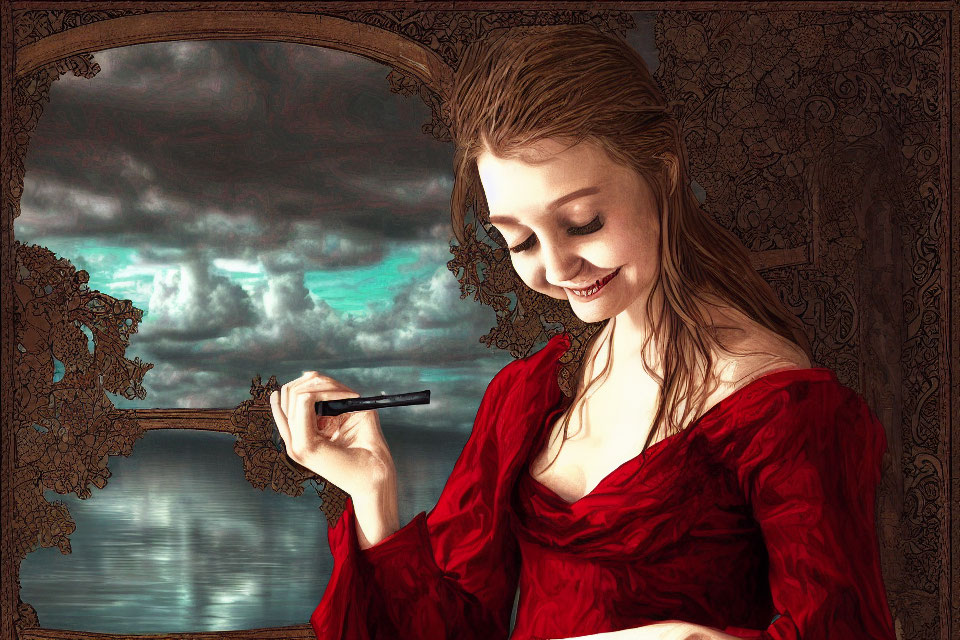 Smiling woman in red dress with pen by ornate window overlooking stormy seascape