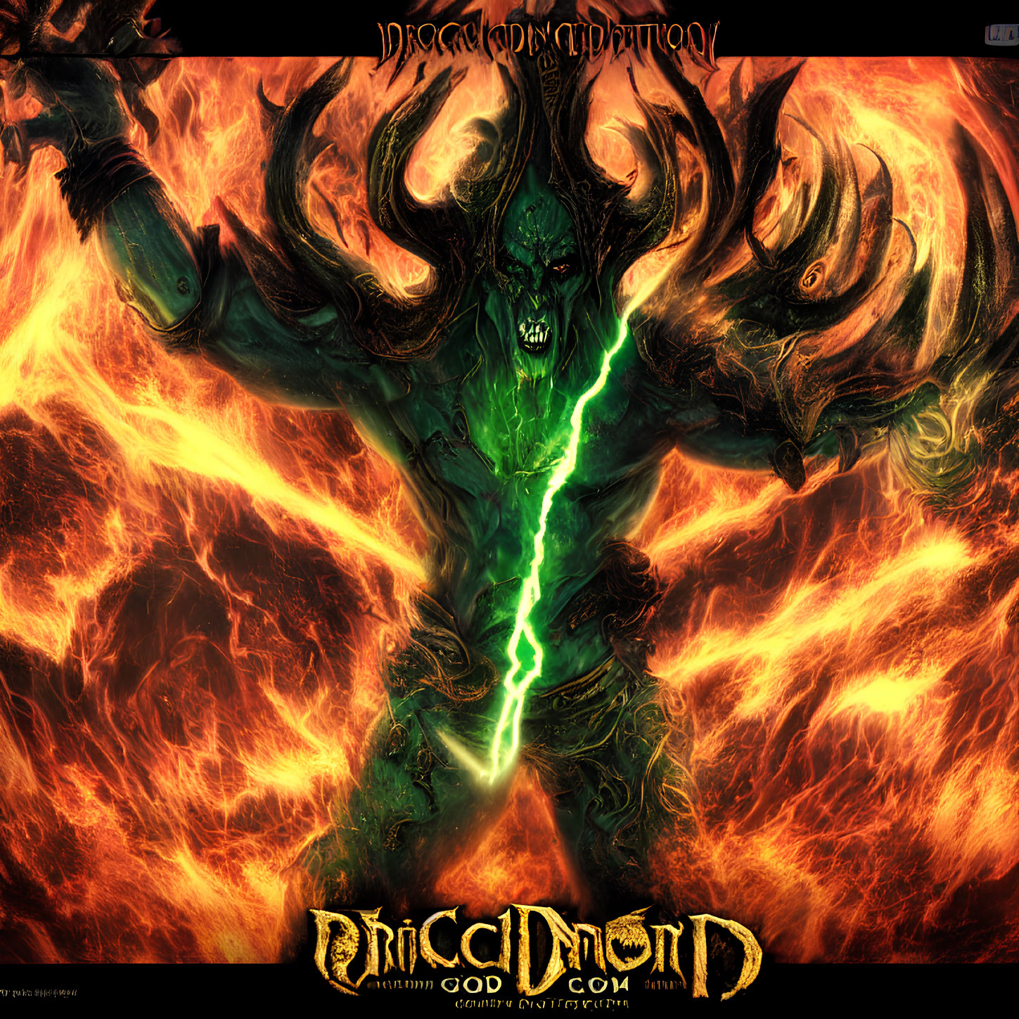 Fantasy illustration of green-skinned humanoid with horns and glowing eyes amid flames