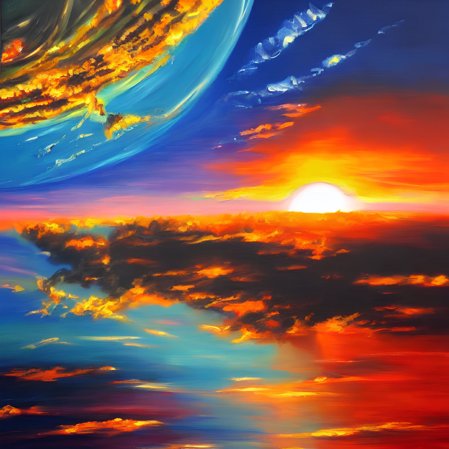 Colorful surreal painting: Sunset with red and orange clouds on blue sky