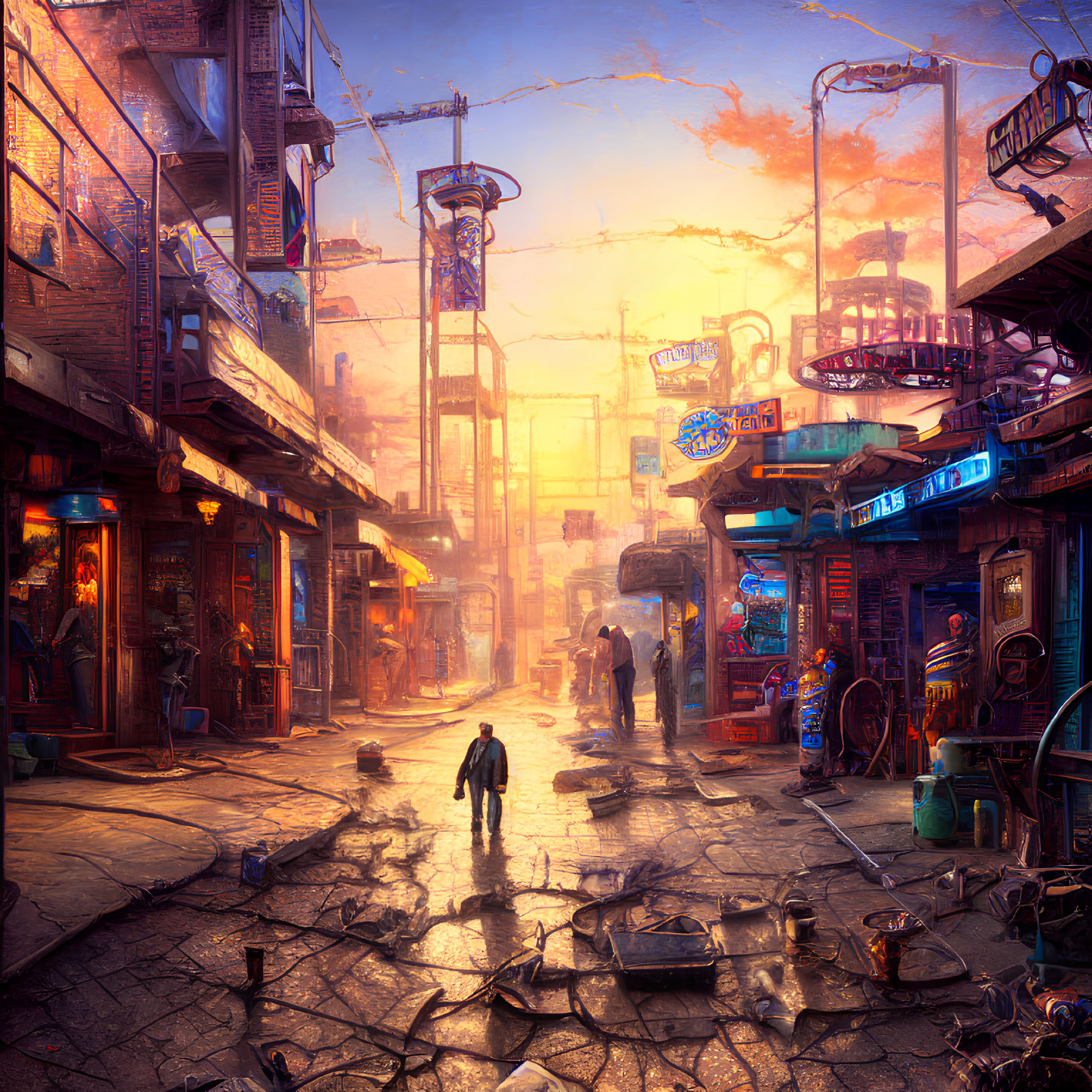 Dystopian streetscape at sunset with lone figure and futuristic tech