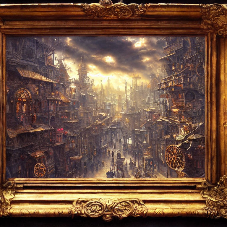 Intricate steampunk cityscape in ornate golden frame