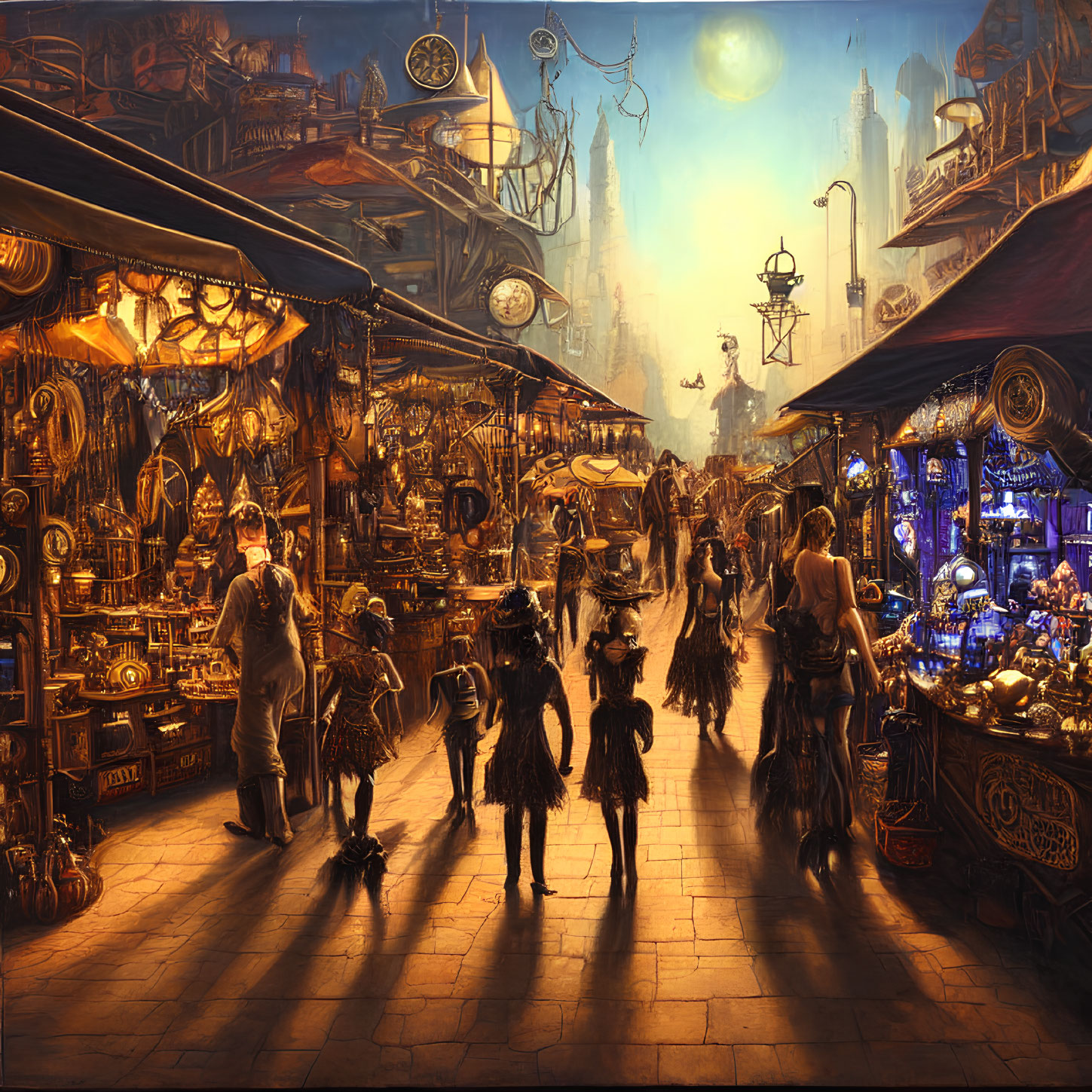 Fantasy marketplace with stalls, artifacts, patrons under moonlight