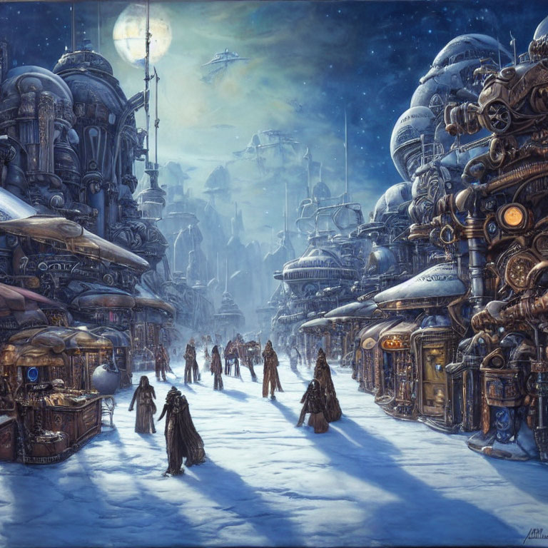 Snowy sci-fi cityscape at night with figures in cloaks, stalls, futuristic buildings, and