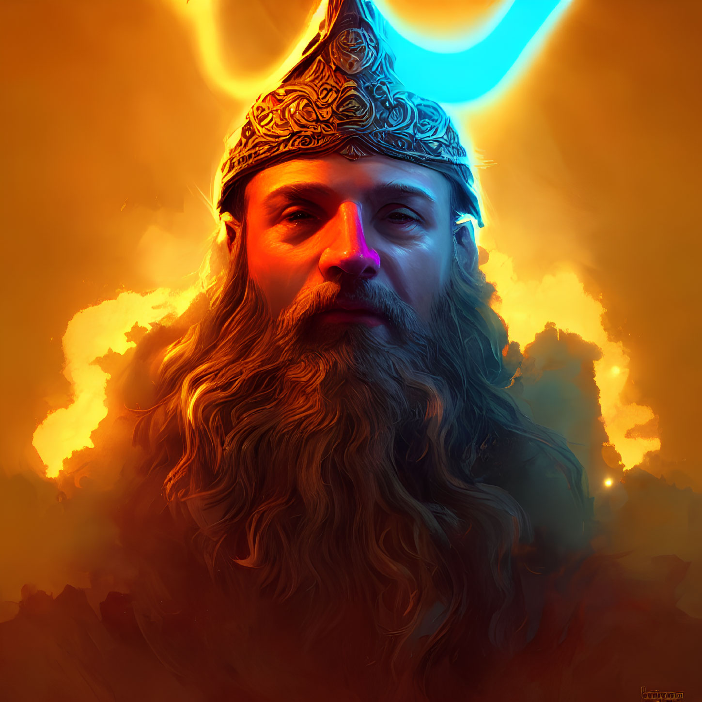 Bearded man with crown in fiery light and blue glow