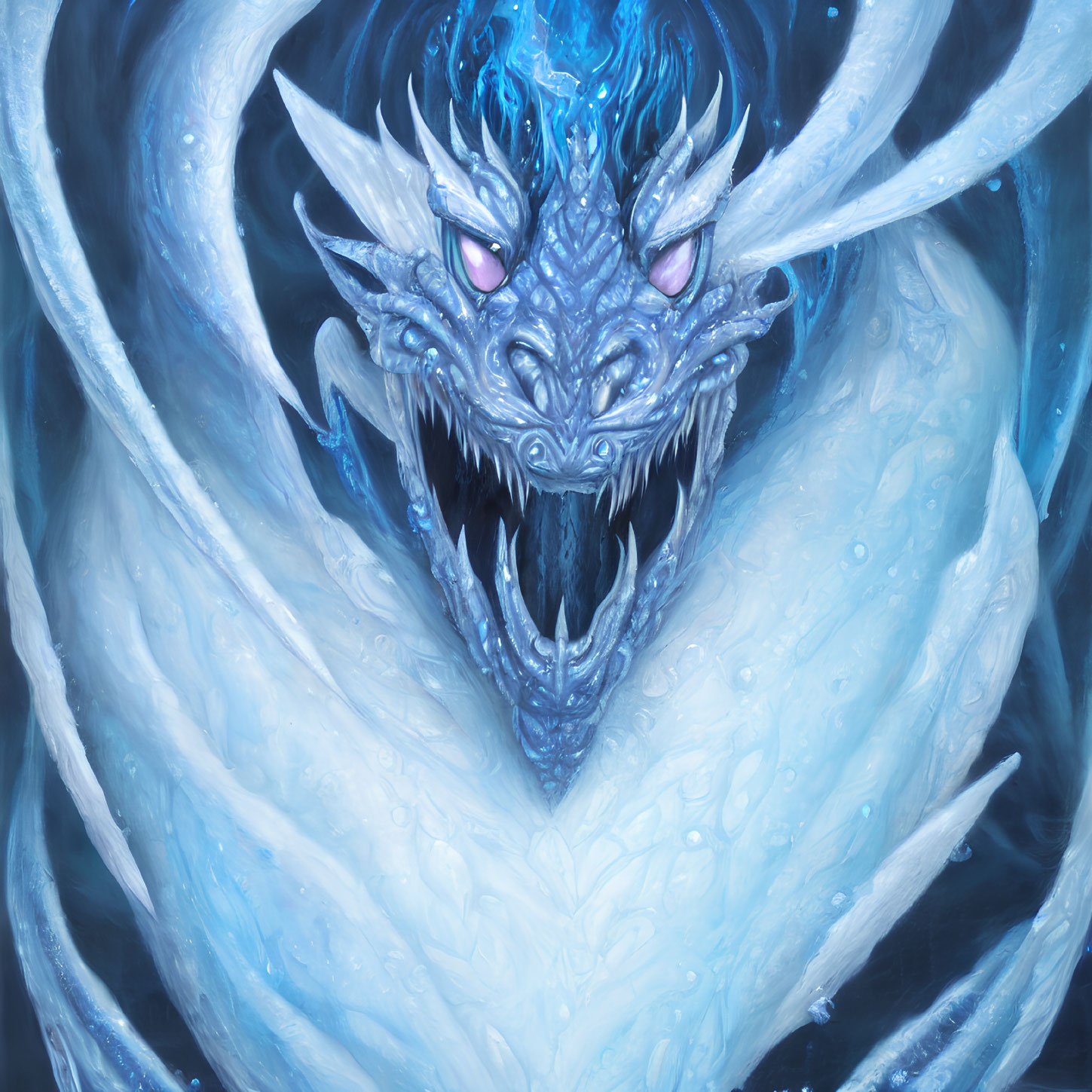 Detailed depiction of icy blue dragon with pink eyes, sharp horns, and crystalline scales.