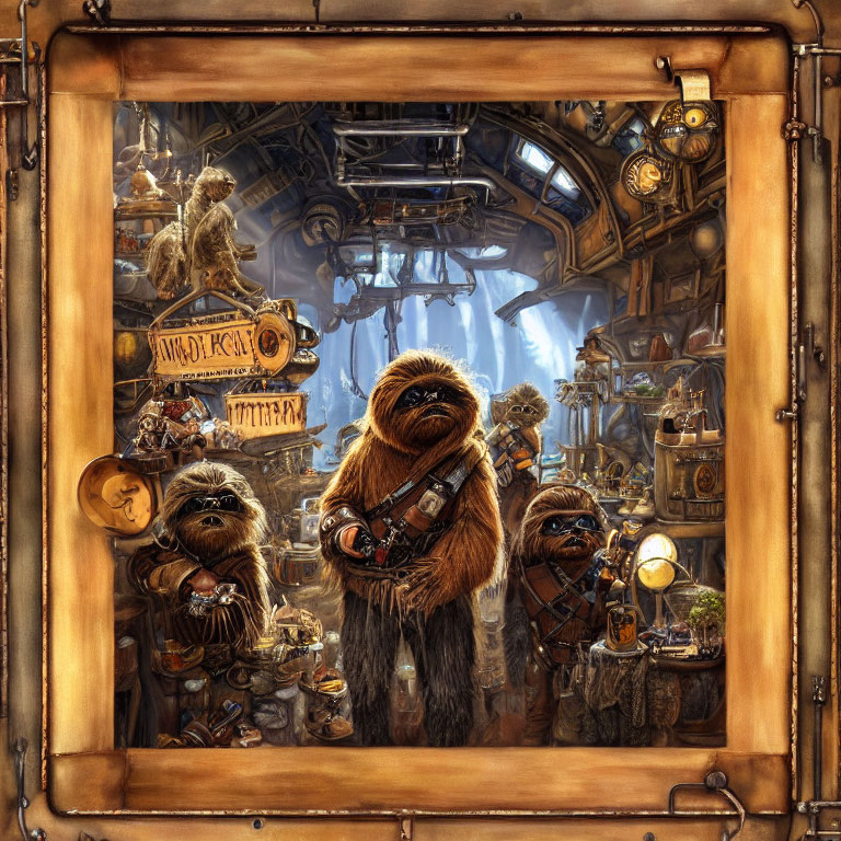 Four furry creatures in steampunk workshop with gears & mechanical items.