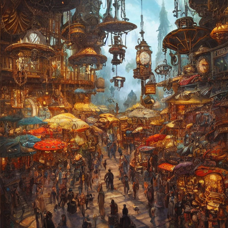 Vibrant fantasy market with ornate stalls and diverse crowd