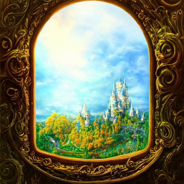 Colorful Fairy Tale Castle Painting in Baroque Frame