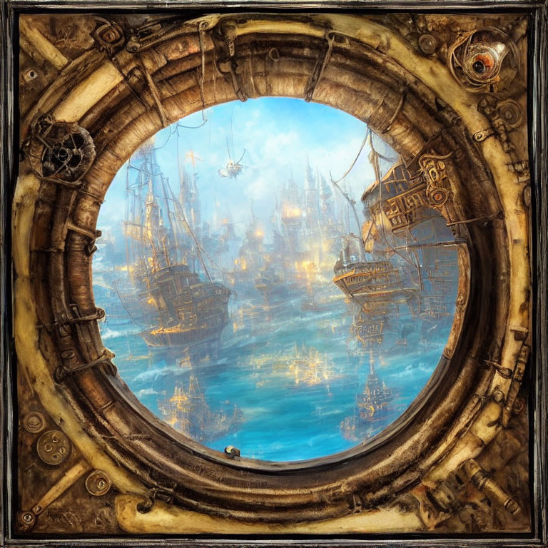 Aged ship portal frames bustling harbor with wooden ships and glistening sea