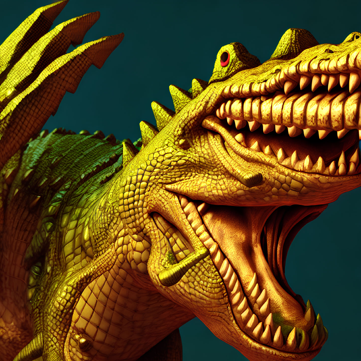 Detailed 3D Golden Dragon with Scale Textures and Red Eyes on Dark Green Background