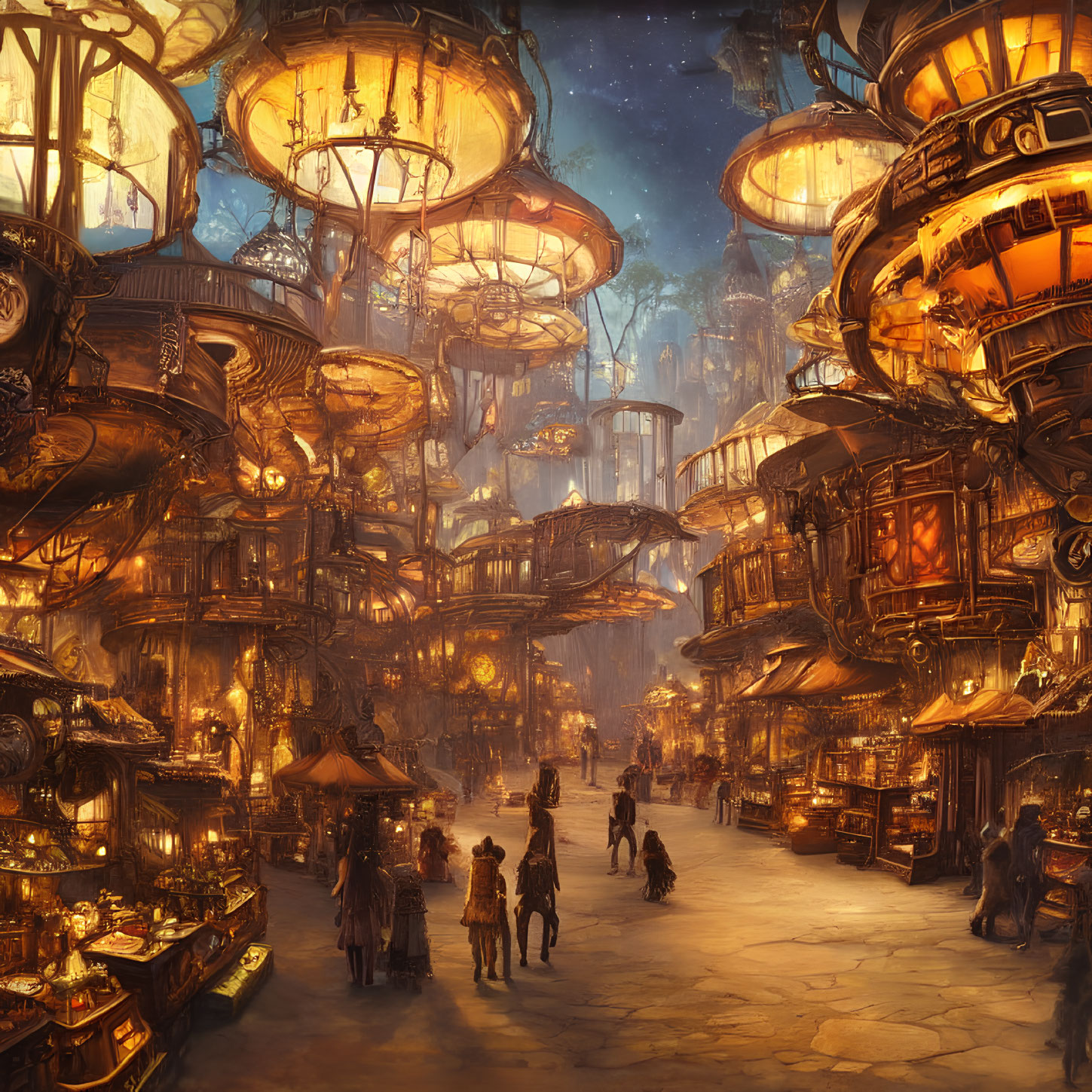 Fantasy marketplace at dusk with lanterns, vendors, stalls, and starry sky