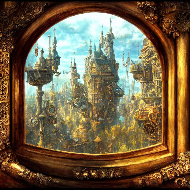 Steampunk cityscape with gears and mechanical structures in circular portal.