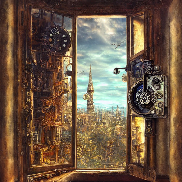 Steampunk window with cityscape and glowing sky.