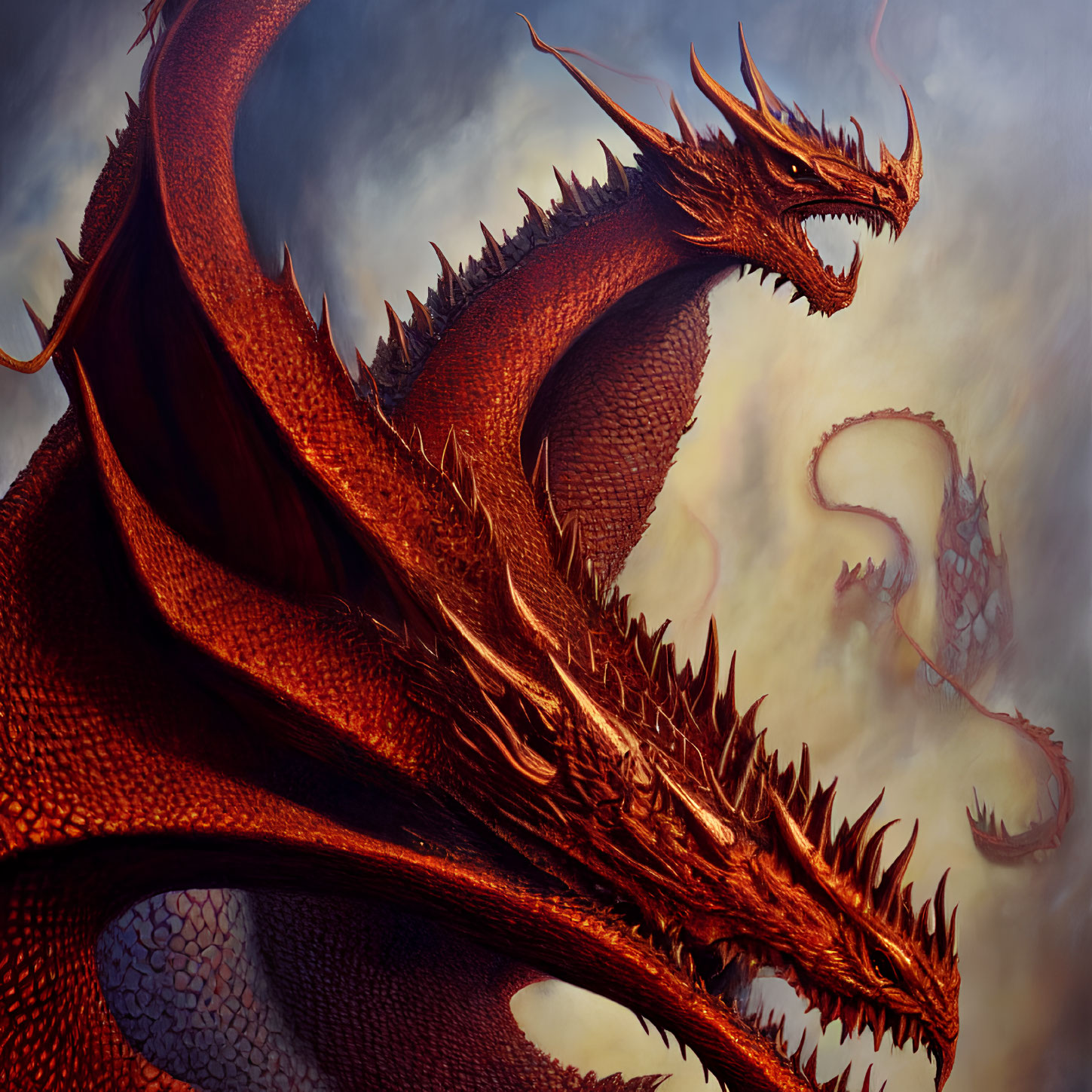 Red-scaled dragon with spiky horns in menacing glare.