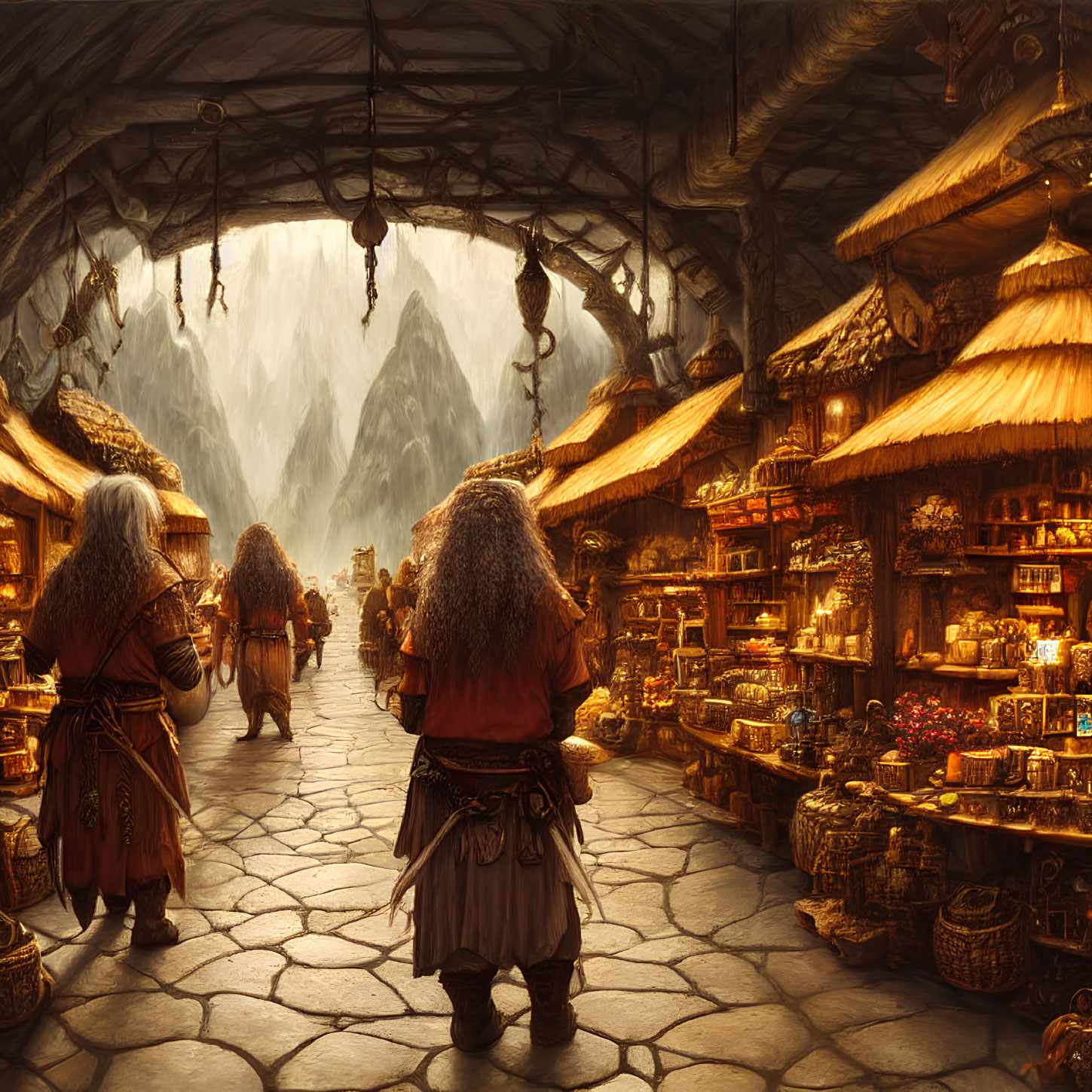 Fantasy market in mountain hall with dwarves and ornate stalls