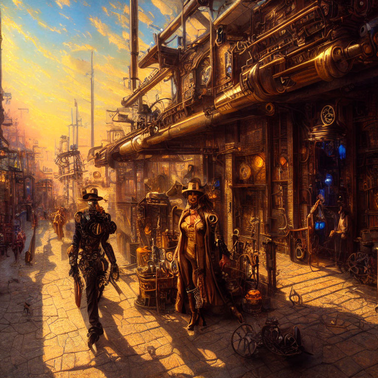 Steampunk city scene with Victorian attire, mechanical structures, and warm golden light.