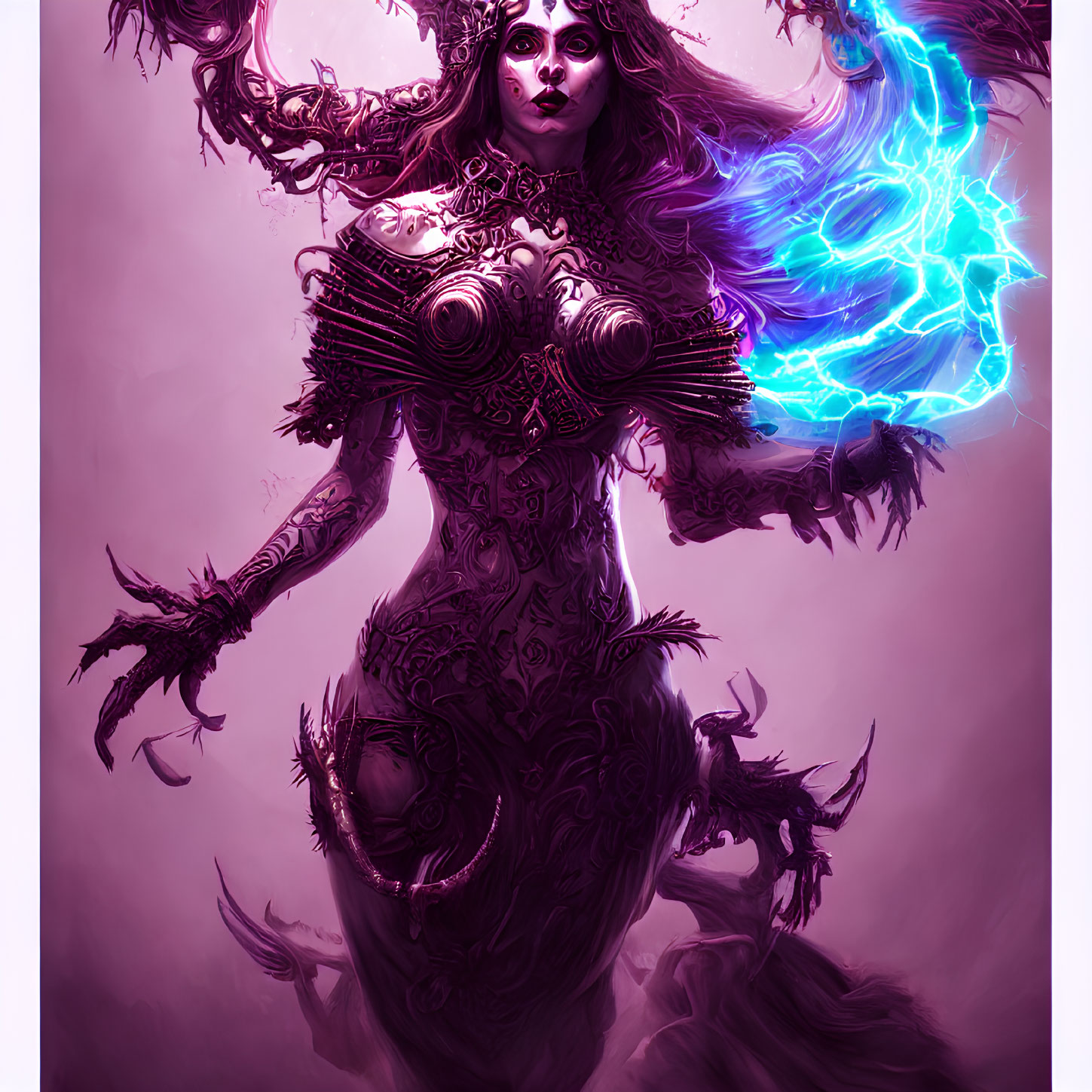 Mystical female figure with dark tattoos and antler-like headpieces holding a glowing blue orb