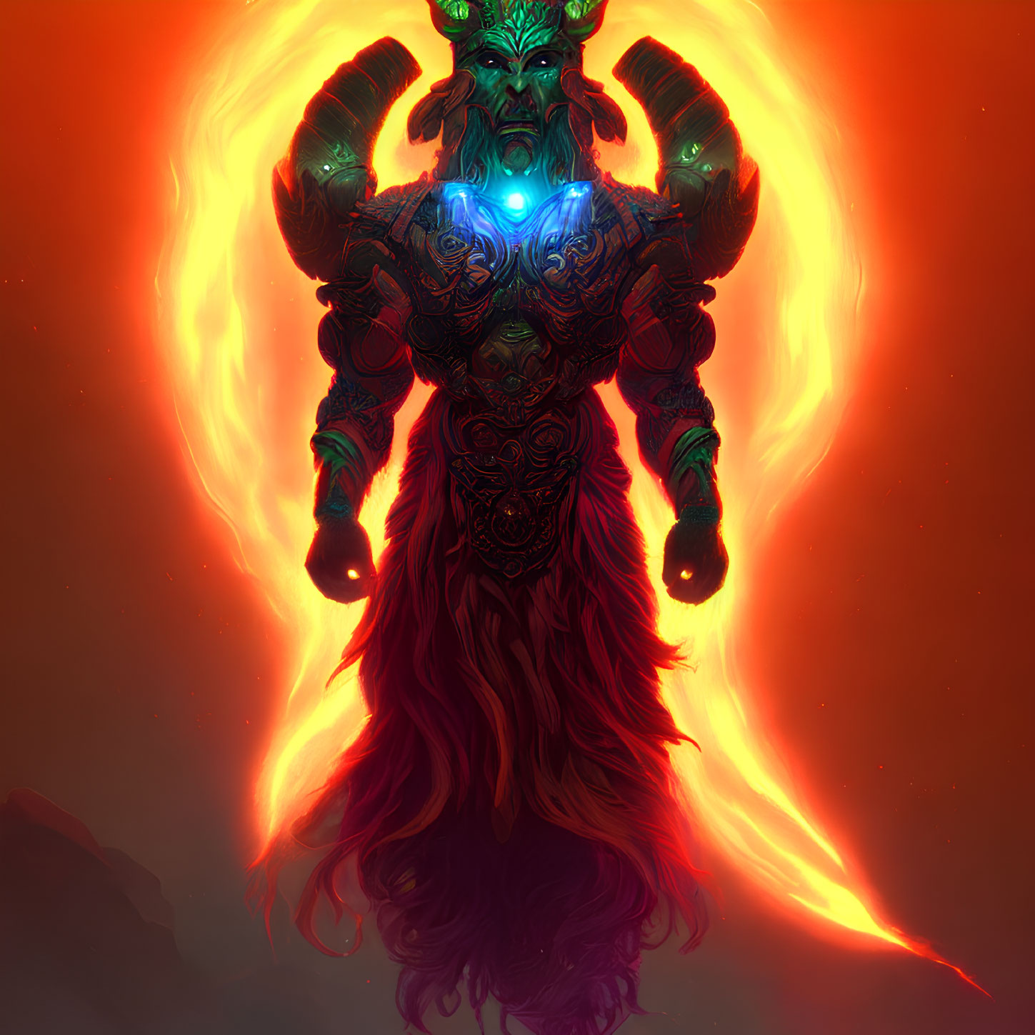 Green-skinned figure with blue chest armor engulfed in flames