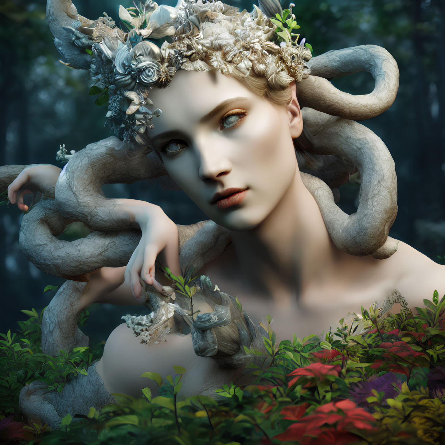 Mystical creature with ram horns and floral crown in enchanted forest