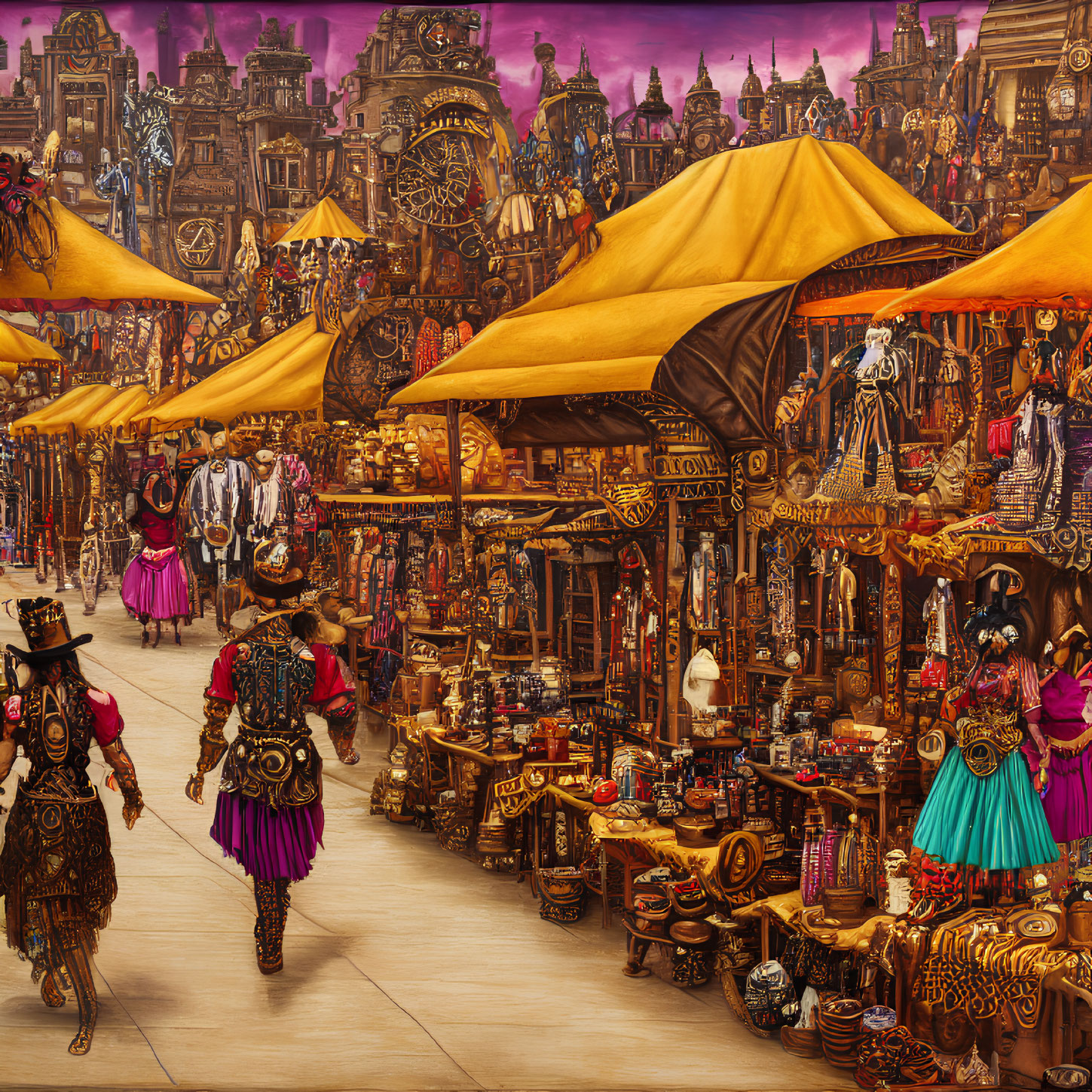 Vibrant market scene with colorful stalls and traditional attire