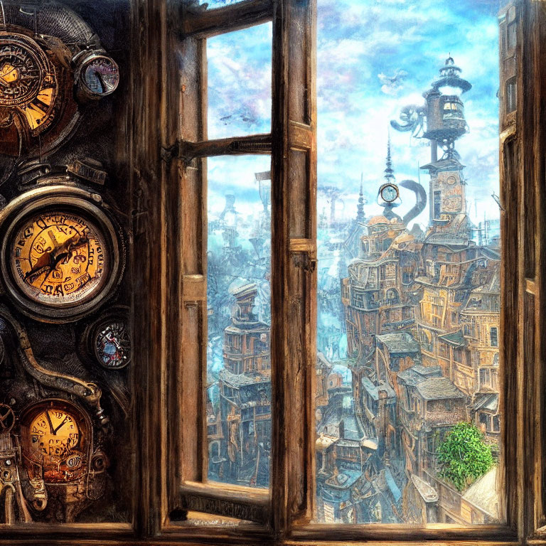 Steampunk cityscape with gears and gauges under blue sky