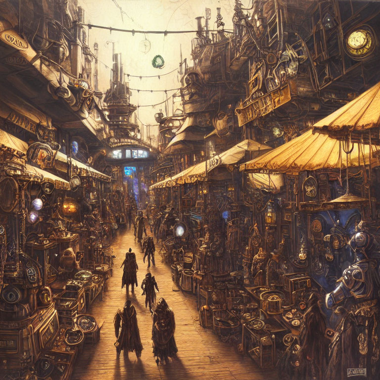 Steampunk market with bustling stalls and period attire.