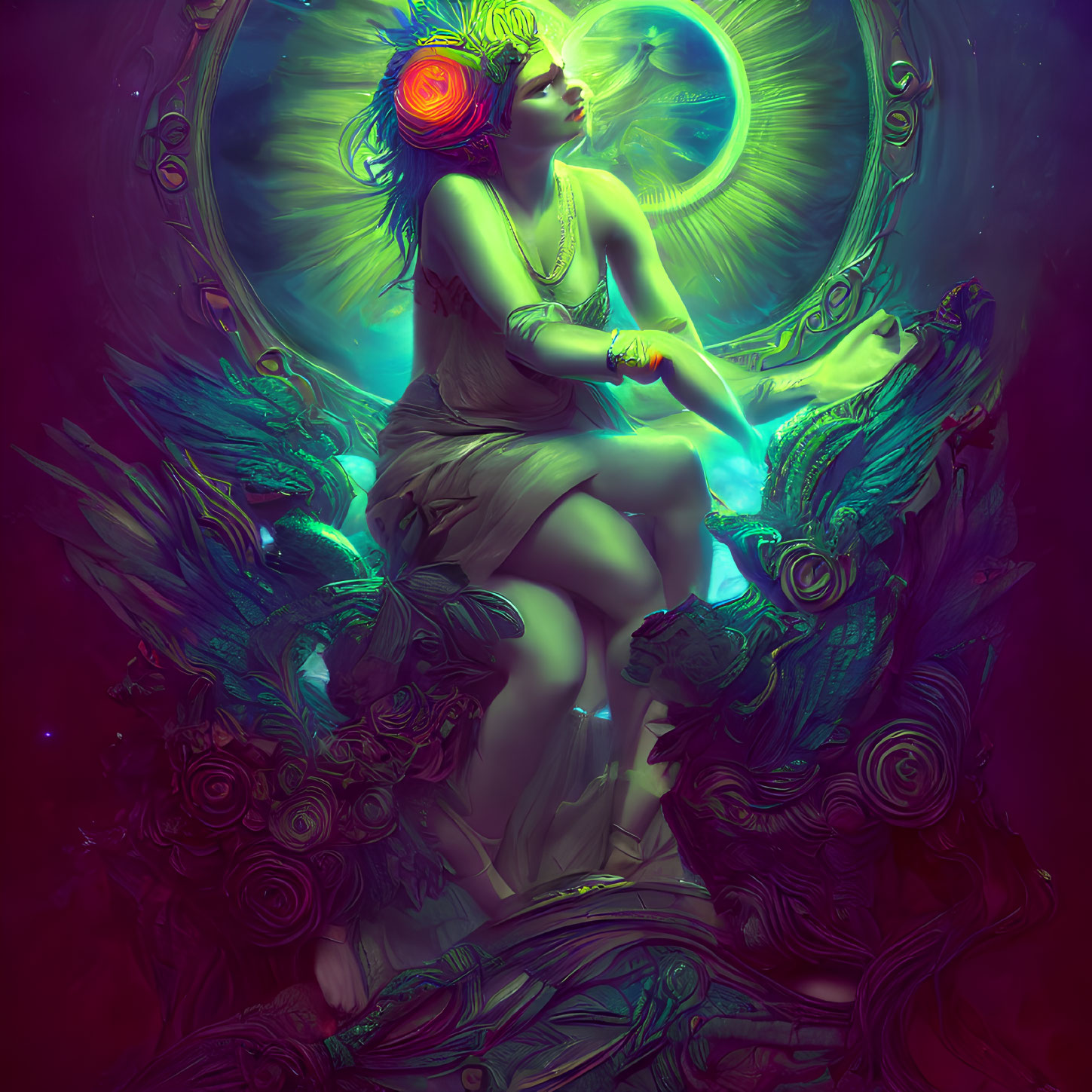 Mystical female figure on ornate throne under neon crescent moon