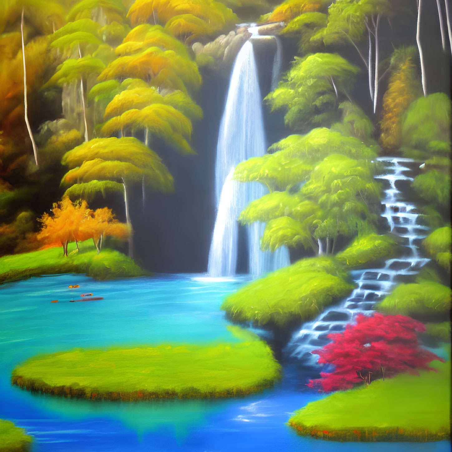 Scenic waterfall painting with lush greenery and red tree