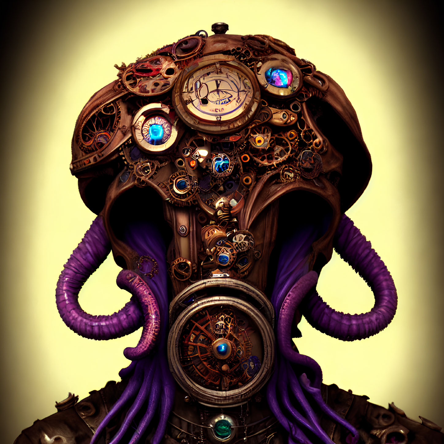 Steampunk octopus with gears and clocks on tan background