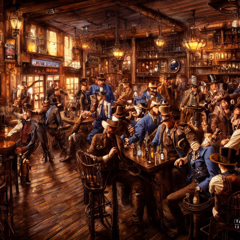 Cowboys in an Old Western Saloon with Wooden Decor