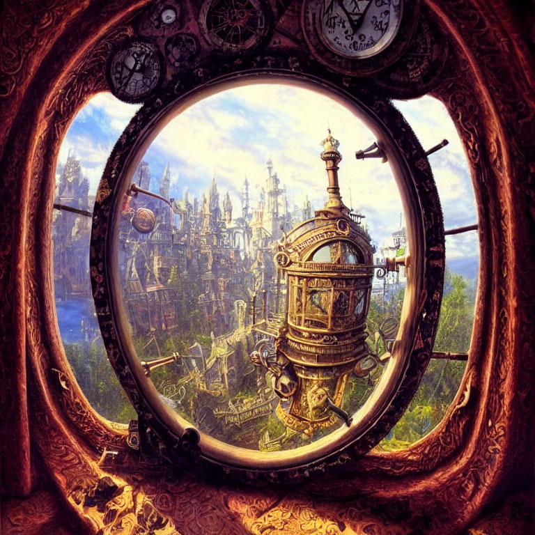 Steampunk cityscape view through ornate circular window with gears and clock.