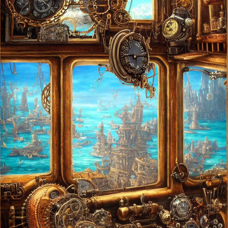 Steampunk-style artwork with intricate mechanical designs in an industrial maritime city.