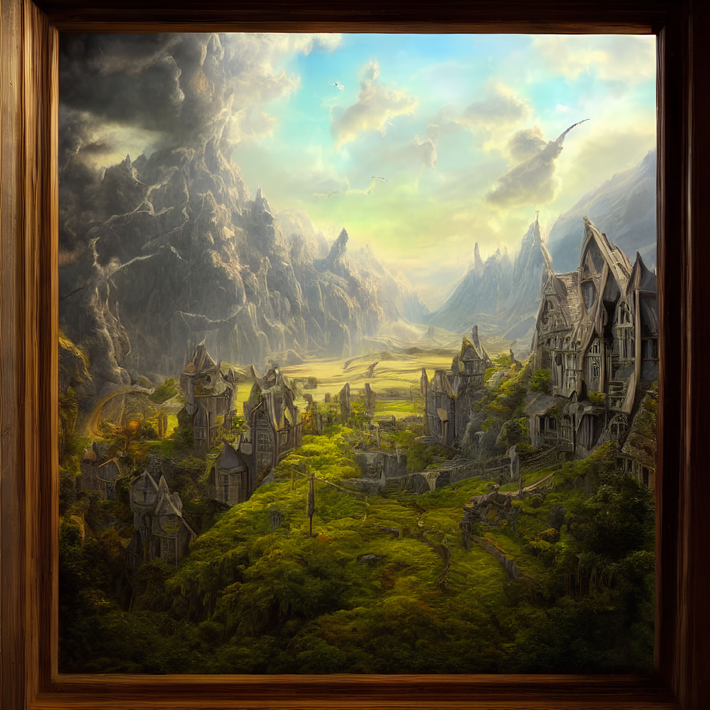 Detailed Fantasy Landscape Painting of Idyllic Village and Mountains