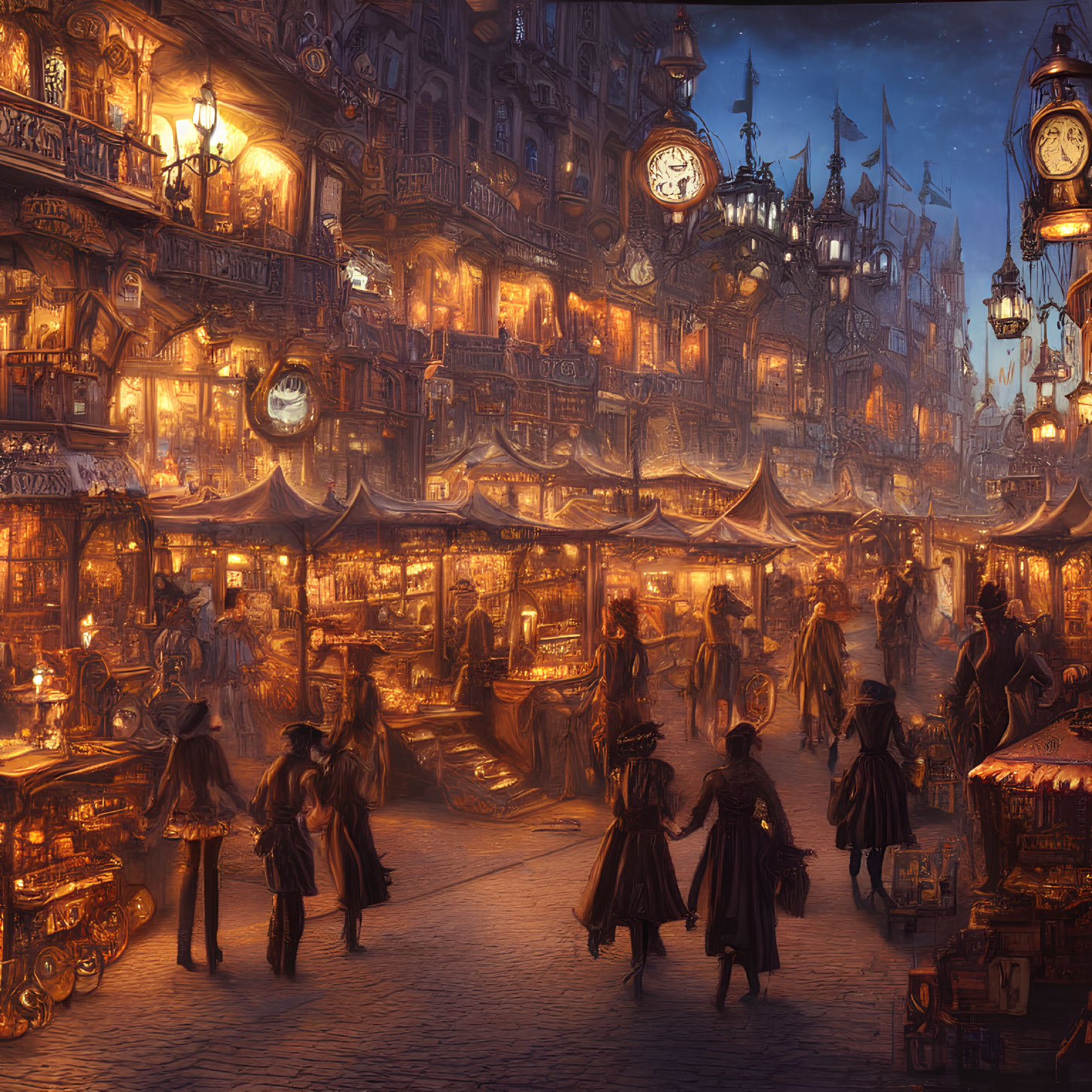 Historical Night-Time Market Scene with Ornate Buildings and Vibrant Street Stalls