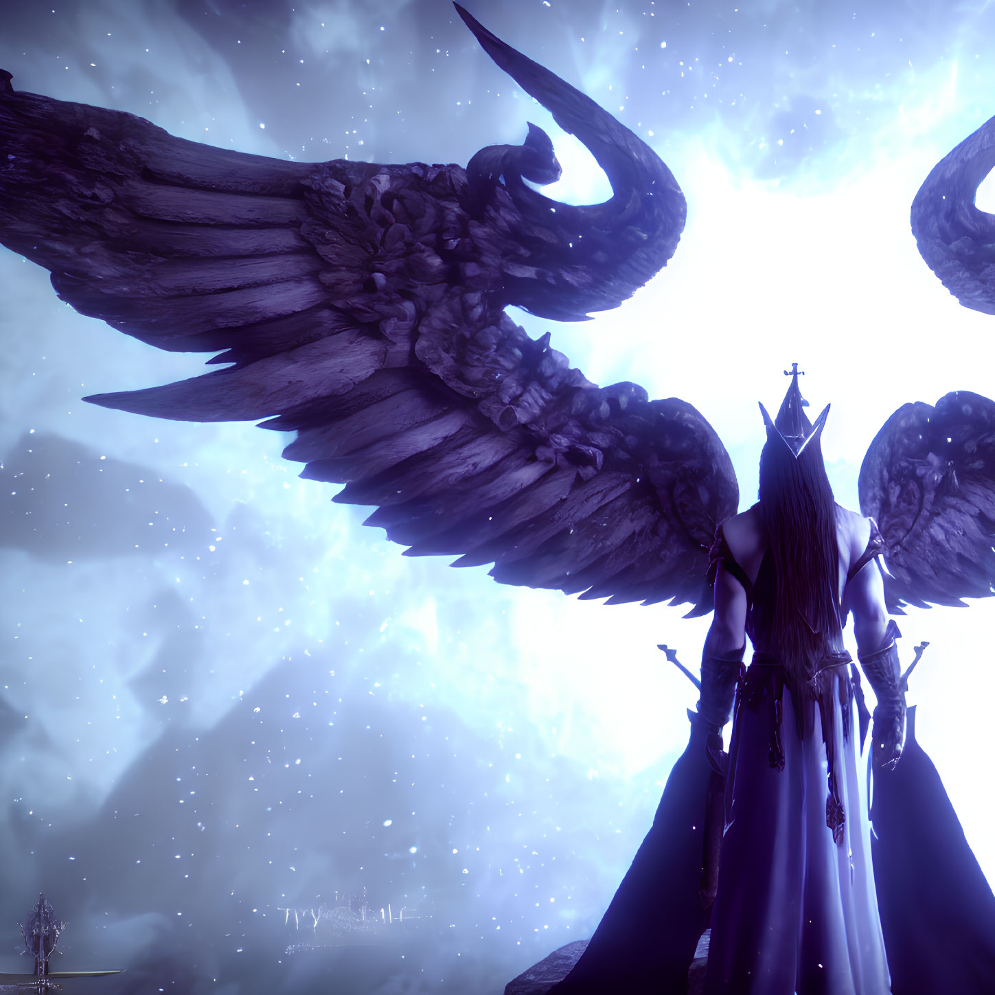 Regal figure with crown and wings in celestial twilight realm