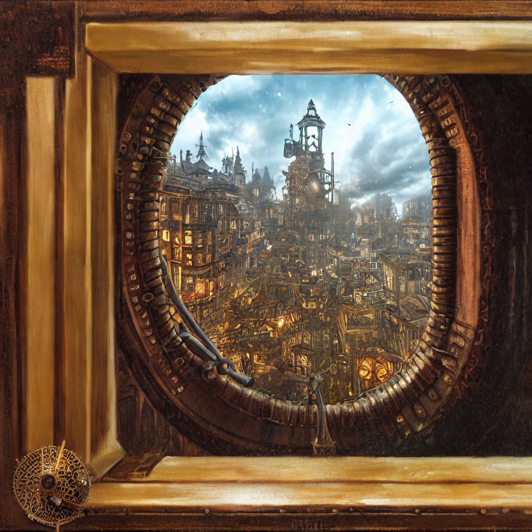 Steampunk Victorian Cityscape Through Brass-Framed Window