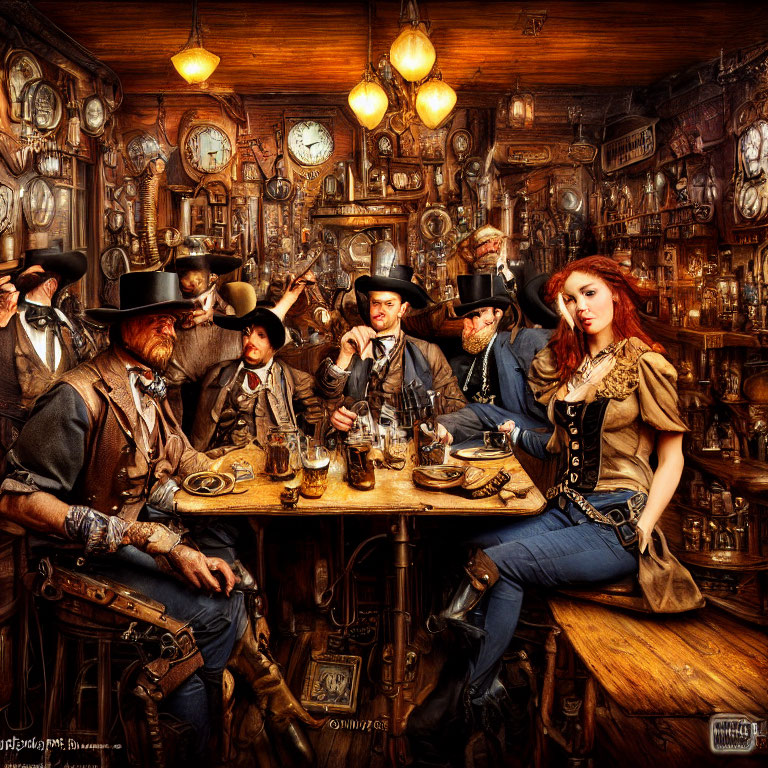 Vintage Saloon Interior with Western-Attired Group