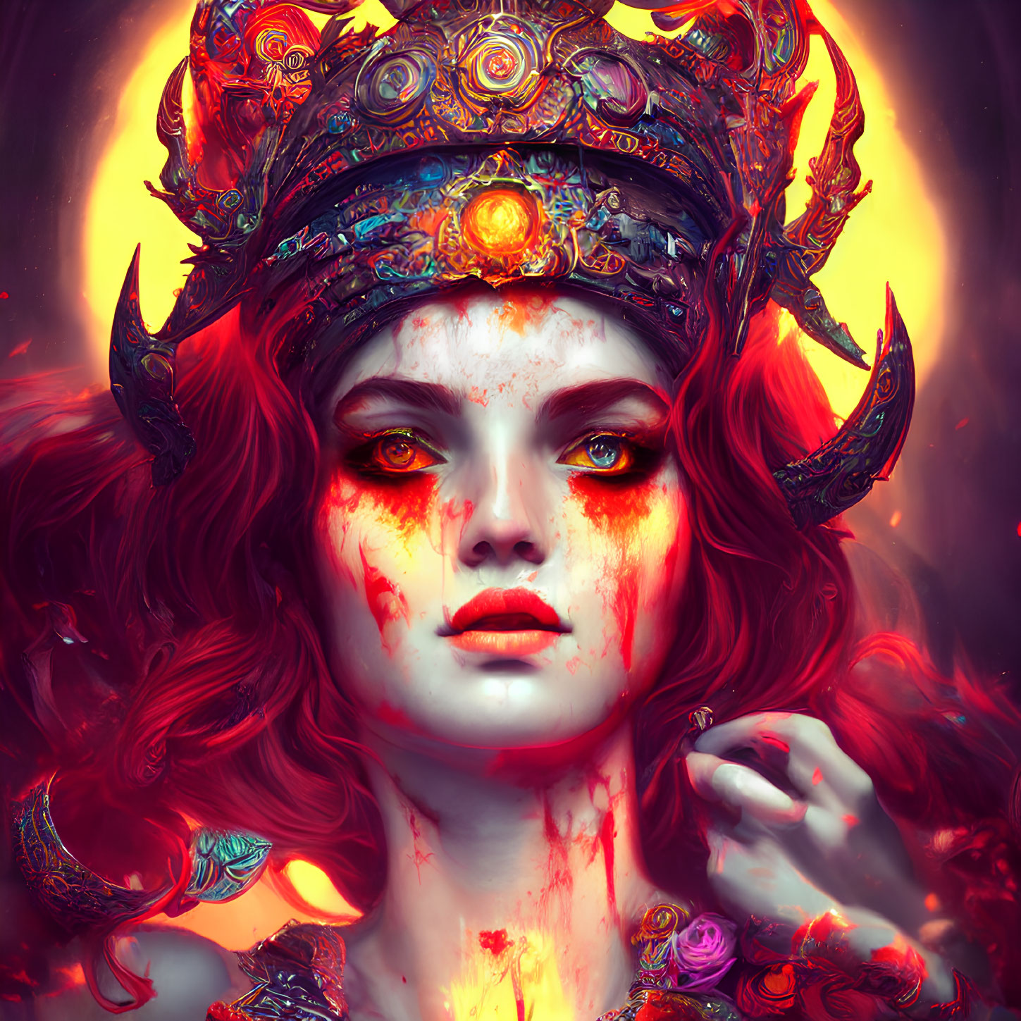 Vivid portrait of woman with fiery red hair and ornate horned headdress