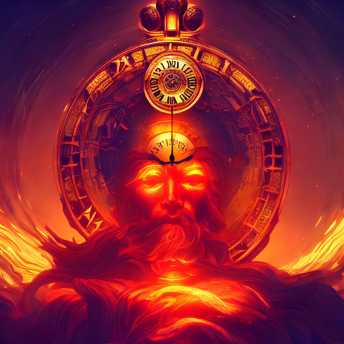 Bearded figure with closed eyes in fiery background with floating clock