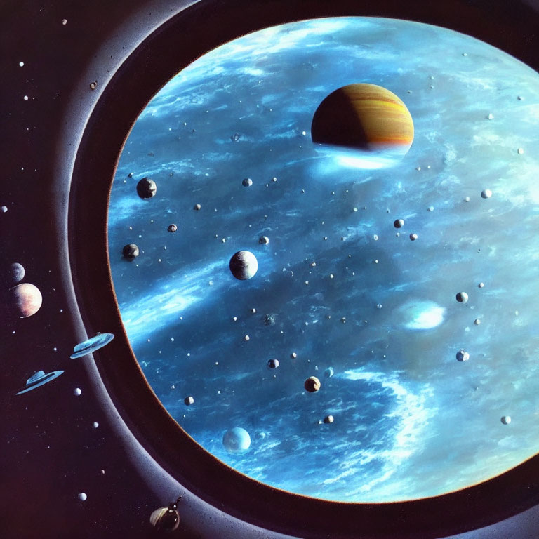 Detailed artwork of a blue celestial body with moons, space vessels, and a ringed planet.