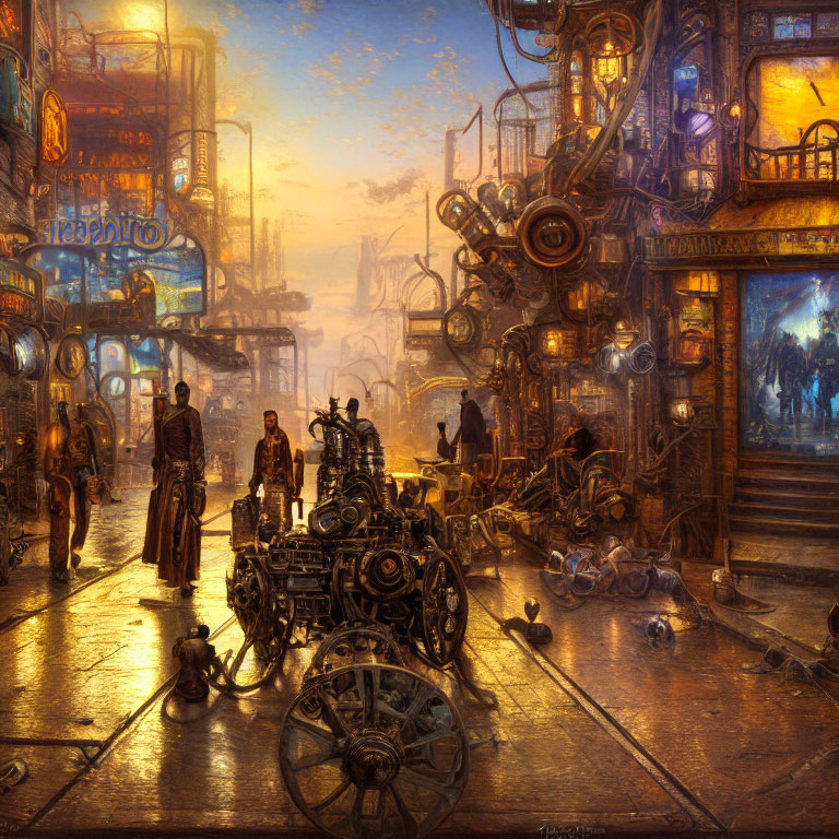 Steampunk cityscape at twilight with cobblestone streets and mechanical contraptions