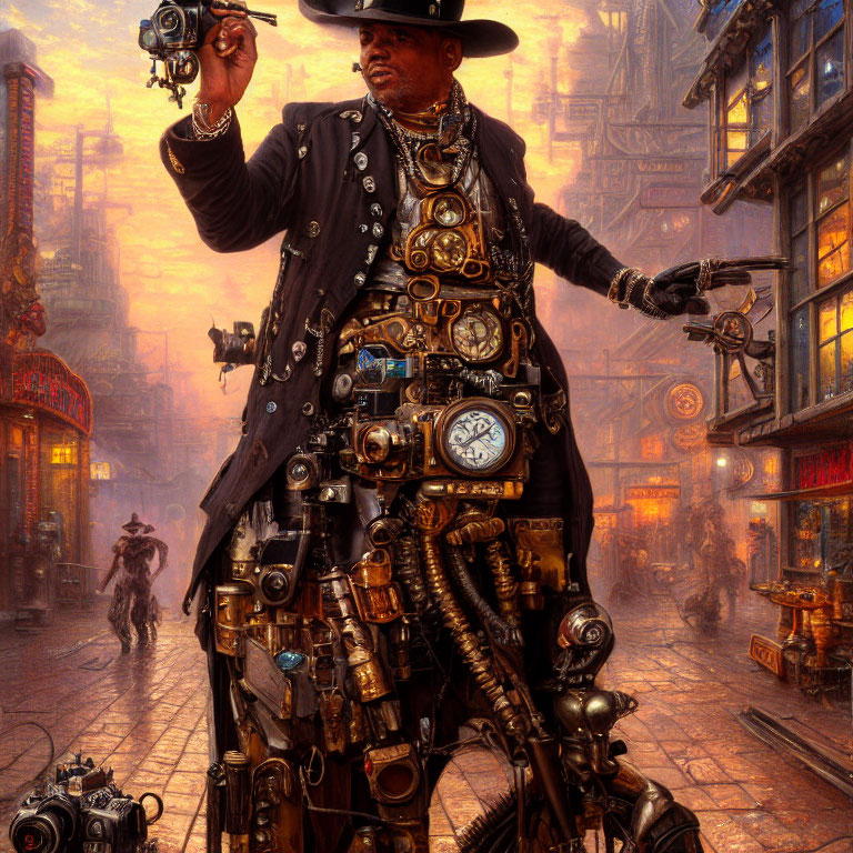 Elaborate steampunk attire in vintage cityscape at dusk