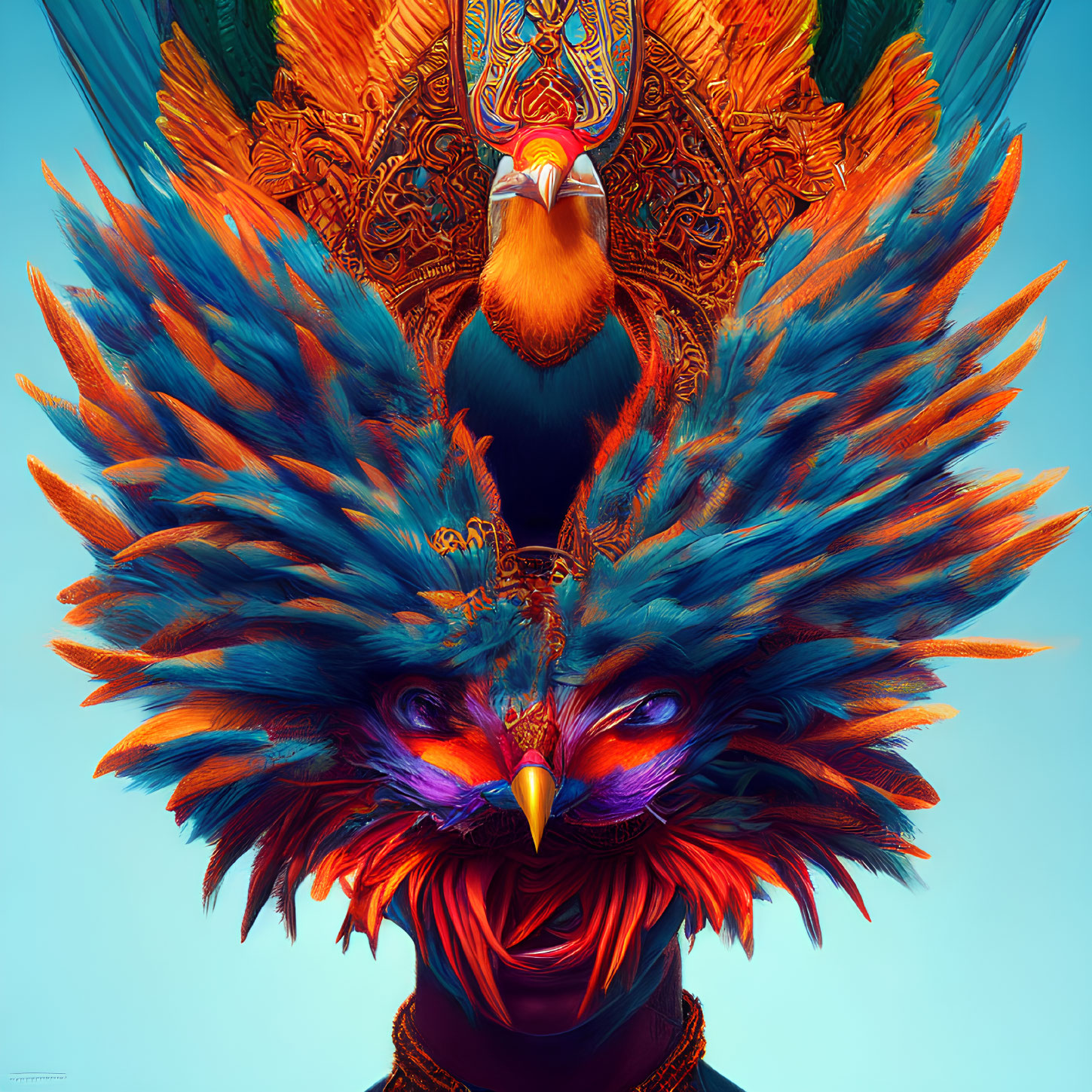 Colorful digital artwork of ornate birds on turquoise background