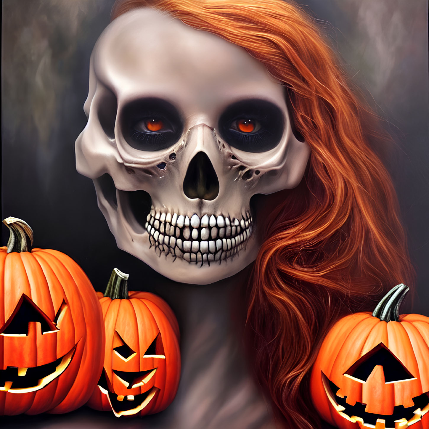 Digital Artwork: Person with Skull Makeup, Red Hair, Glowing Eyes, and Jack-o'-